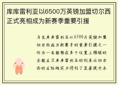 库库雷利亚以6500万英镑加盟切尔西正式亮相成为新赛季重要引援